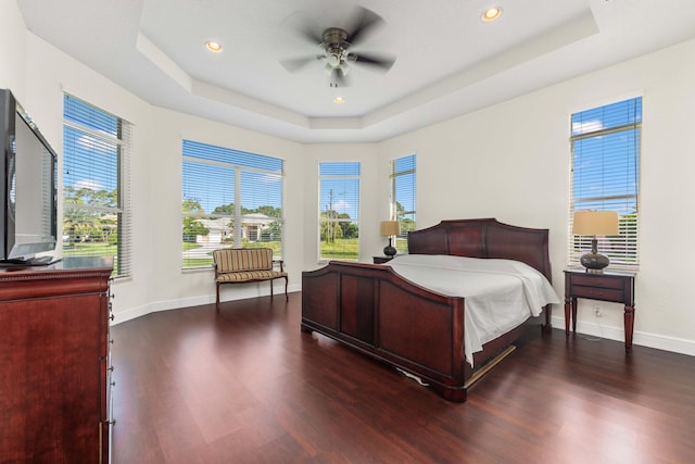 bedroom with a raised ceiling, dark wood-style floors, and multiple windows