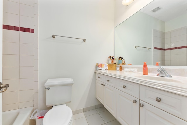 full bathroom with visible vents, tile patterned flooring, vanity, toilet, and shower / tub combination