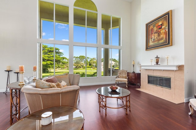living room with baseboards, a high ceiling, and wood finished floors