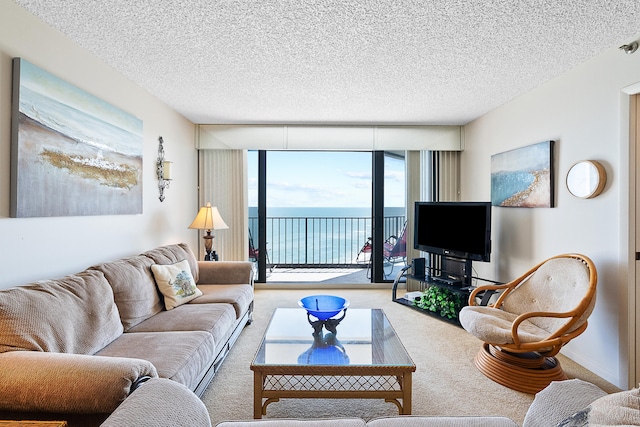 living room featuring a textured ceiling, a wall of windows, and carpet