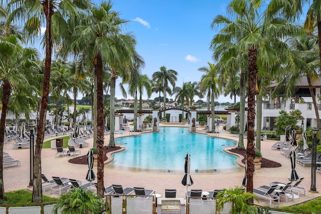 view of swimming pool with a patio