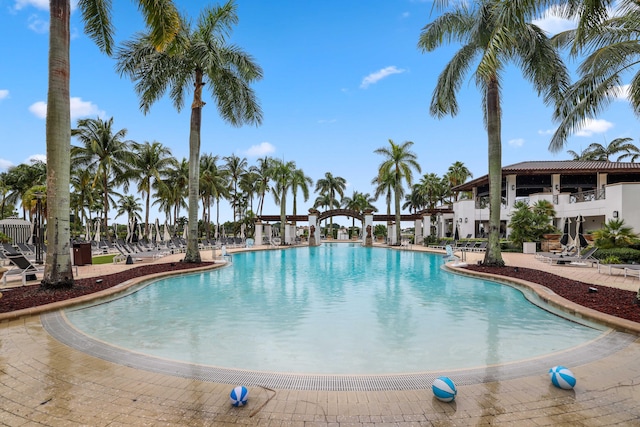 view of swimming pool featuring a patio area