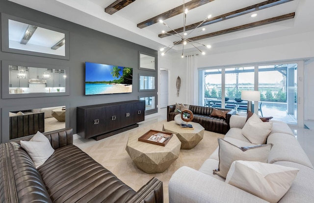 living room featuring a notable chandelier and beam ceiling