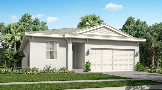 ranch-style home featuring a garage and a front yard