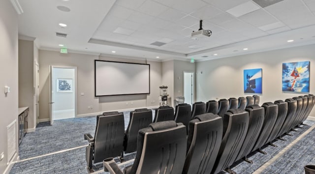 carpeted cinema featuring a tray ceiling and ornamental molding