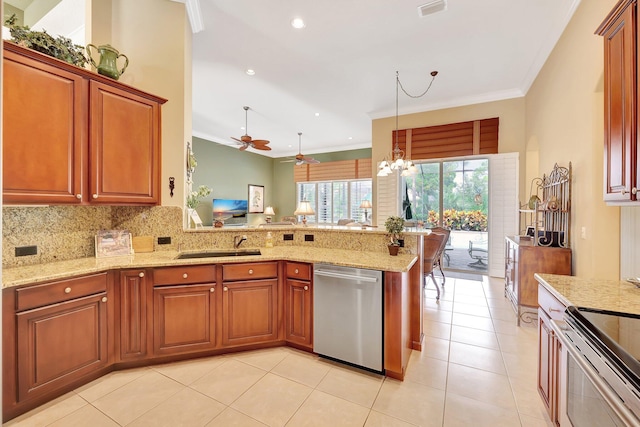 kitchen with light tile patterned floors, kitchen peninsula, decorative light fixtures, appliances with stainless steel finishes, and crown molding