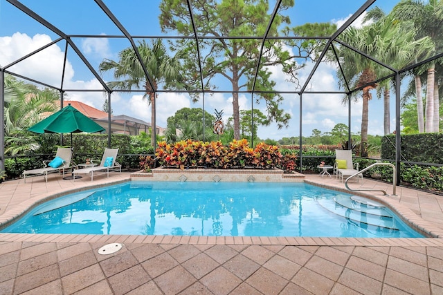 view of pool featuring a patio and a lanai