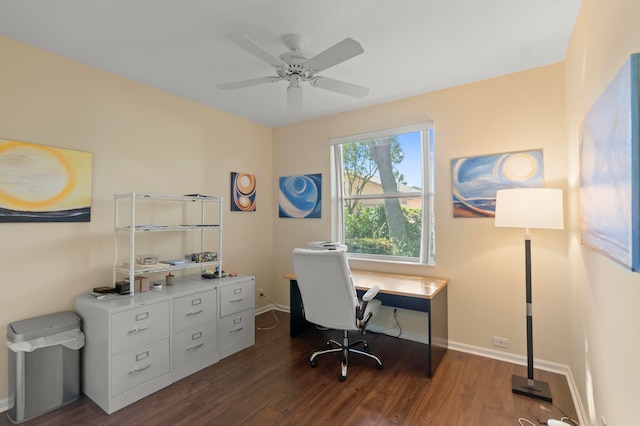 home office featuring dark hardwood / wood-style floors and ceiling fan