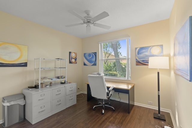 home office featuring ceiling fan and dark hardwood / wood-style flooring