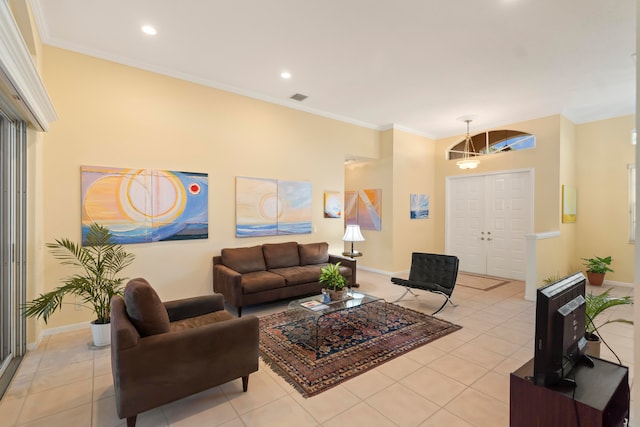 tiled living room featuring ornamental molding