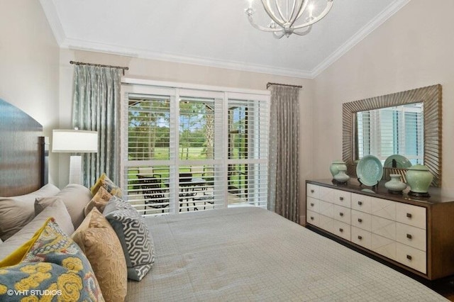 bedroom featuring multiple windows, crown molding, vaulted ceiling, and a notable chandelier