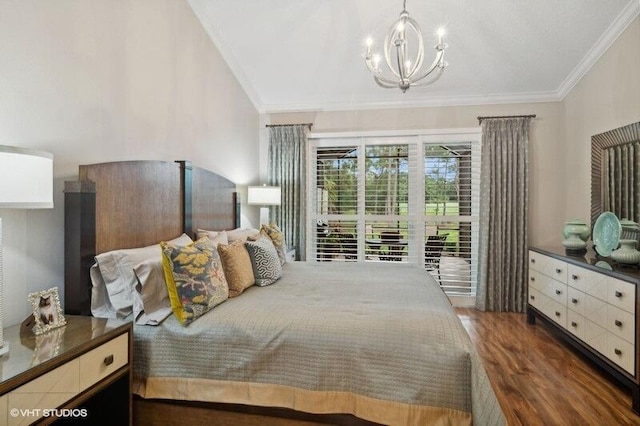 bedroom with ornamental molding, a chandelier, access to outside, and dark hardwood / wood-style flooring