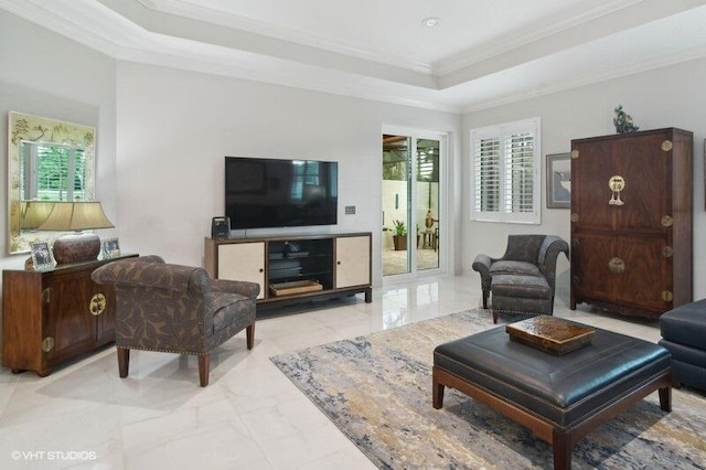 living room with a raised ceiling and ornamental molding