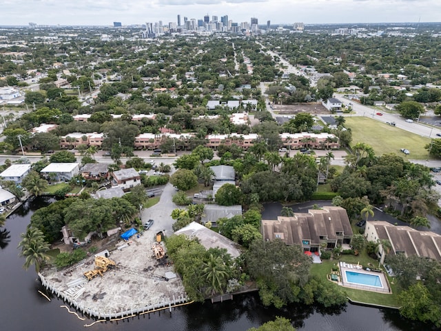 drone / aerial view featuring a water view