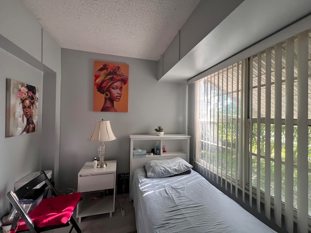 bedroom featuring multiple windows and a textured ceiling