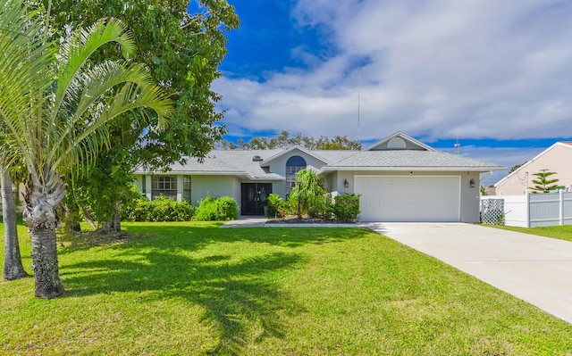 ranch-style house featuring a front yard and a garage