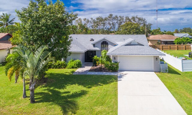 ranch-style home featuring a front yard and a garage