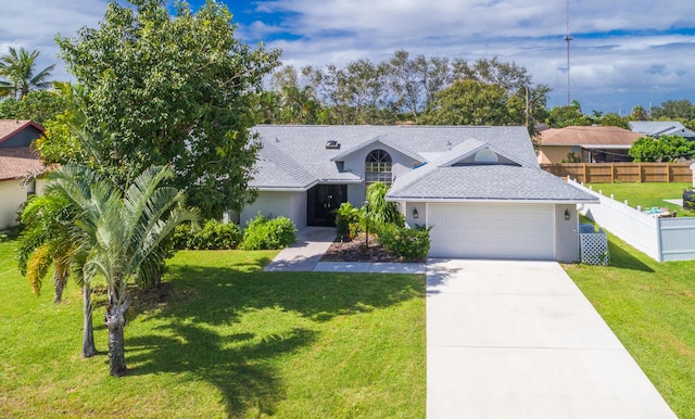 view of front of home featuring fence, a shingled roof, concrete driveway, a front lawn, and a garage