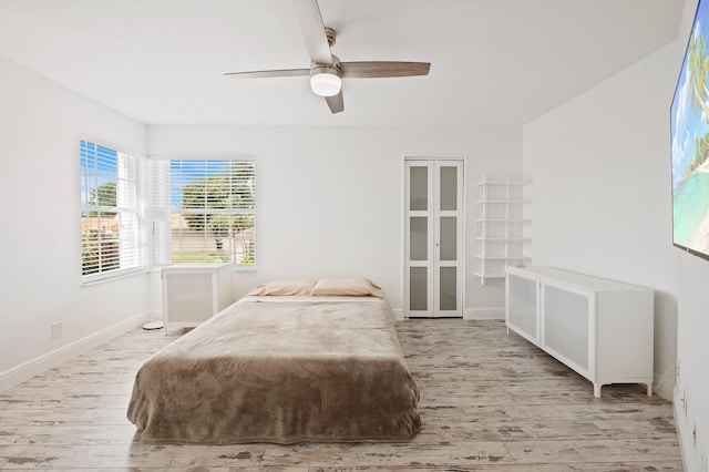 bedroom featuring ceiling fan and light hardwood / wood-style floors