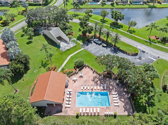 drone / aerial view featuring a water view