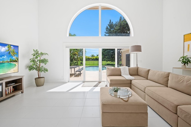 living room featuring a high ceiling