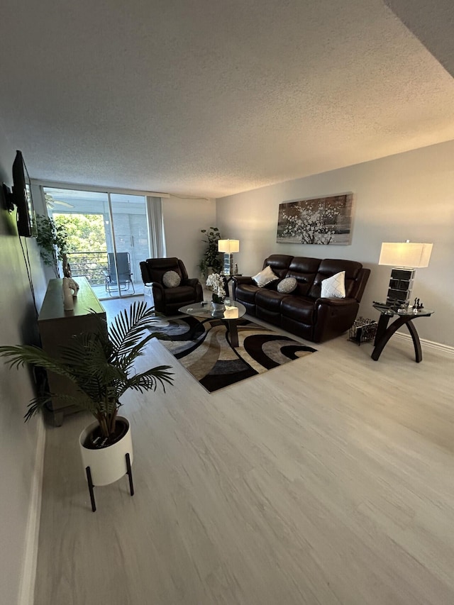 living room featuring a textured ceiling and hardwood / wood-style floors