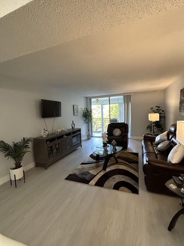 living room featuring a textured ceiling and light wood-type flooring