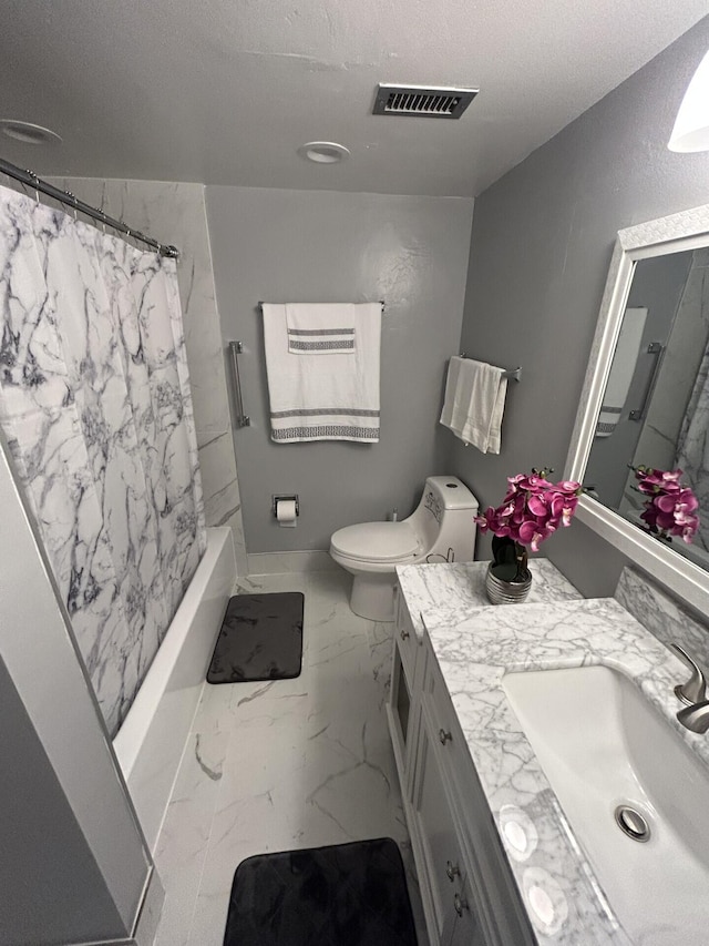 full bathroom with shower / bath combo, a textured ceiling, vanity, and toilet