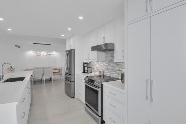 kitchen with appliances with stainless steel finishes, white cabinetry, sink, and tasteful backsplash