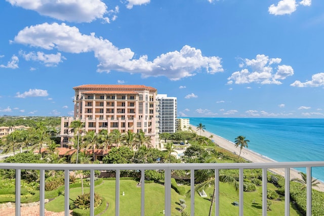 view of water feature with a beach view