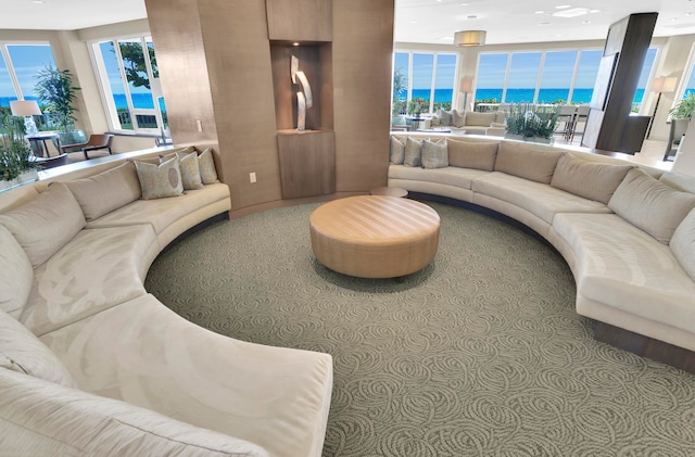 carpeted living room with a water view and plenty of natural light