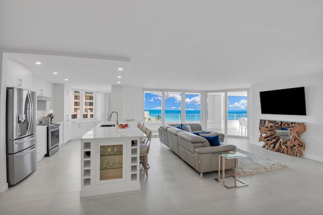 living room featuring a wall of windows, sink, and a wealth of natural light