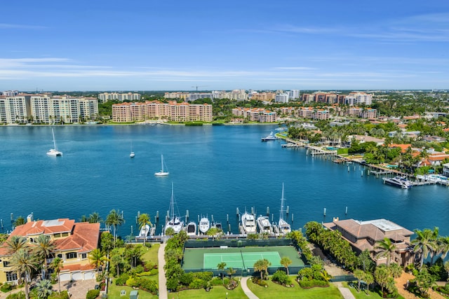 drone / aerial view featuring a water view