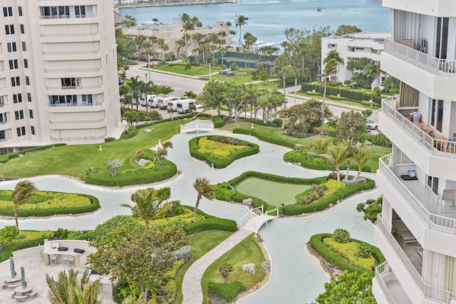 aerial view featuring a water view