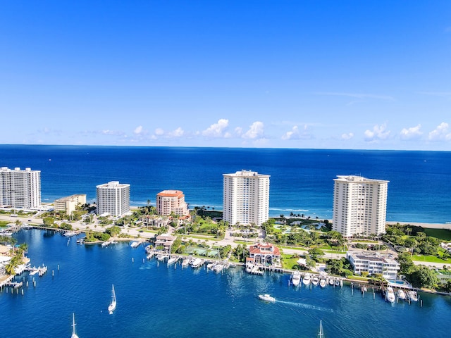 drone / aerial view featuring a water view