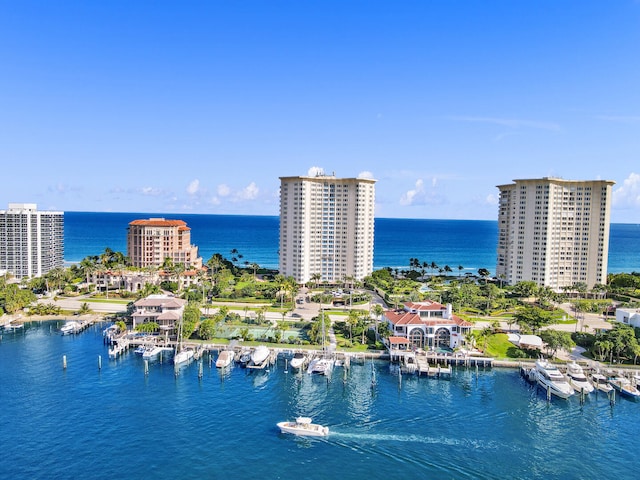 birds eye view of property featuring a water view