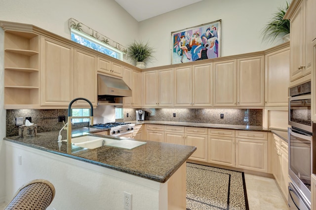 kitchen featuring decorative backsplash, a sink, dark stone countertops, a peninsula, and under cabinet range hood