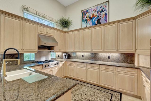 kitchen featuring under cabinet range hood, a sink, decorative backsplash, dark stone countertops, and stainless steel gas stovetop