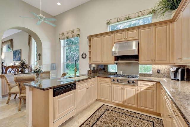 kitchen with paneled dishwasher, dark stone counters, stainless steel gas stovetop, and under cabinet range hood