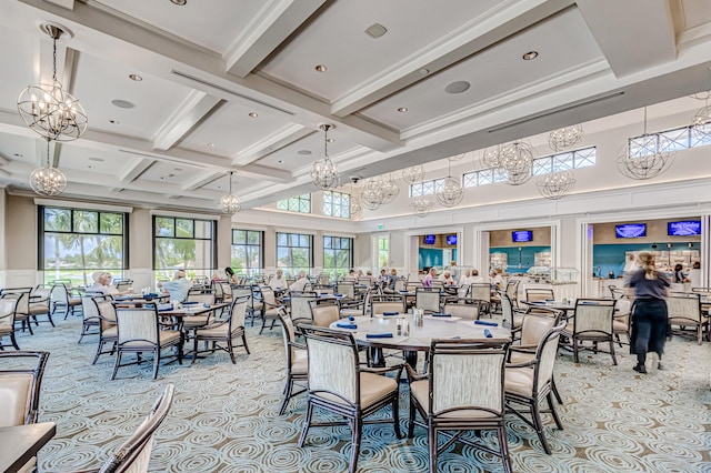 dining space featuring a high ceiling, beamed ceiling, coffered ceiling, and a decorative wall