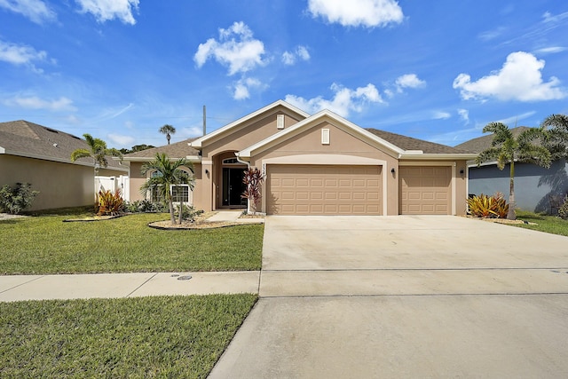 single story home featuring a garage and a front lawn