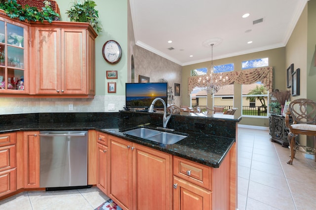 kitchen featuring sink, hanging light fixtures, ornamental molding, dishwasher, and dark stone counters