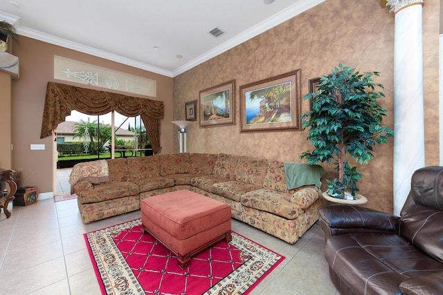 tiled living room with ornamental molding and ornate columns