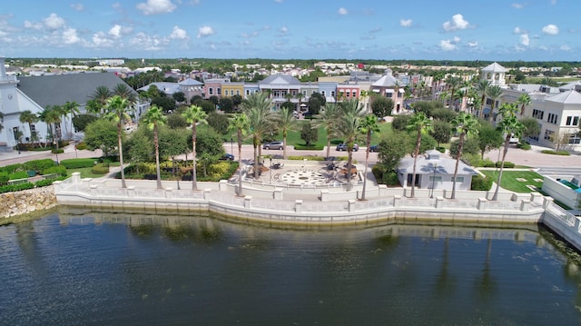 bird's eye view with a water view