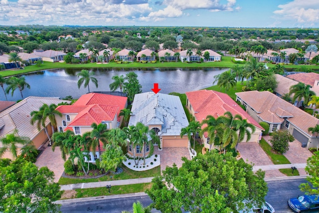 drone / aerial view featuring a water view