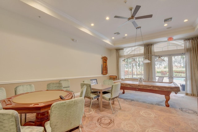 recreation room featuring crown molding, light carpet, a raised ceiling, pool table, and ceiling fan