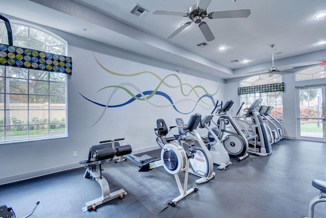 exercise room featuring ceiling fan