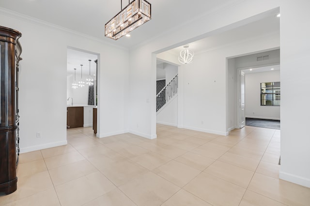 unfurnished dining area with light tile patterned floors and crown molding