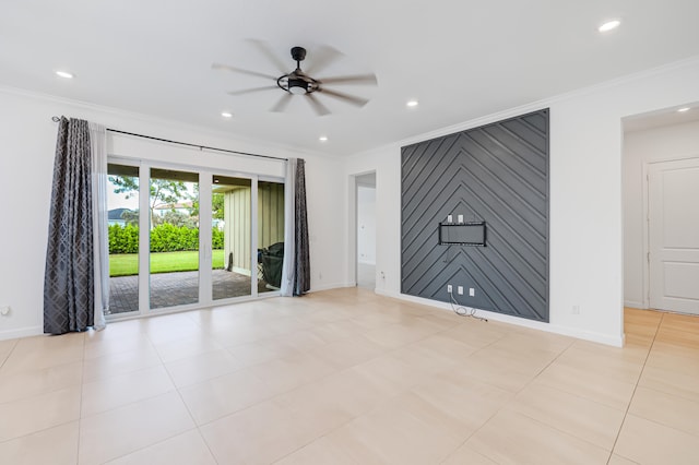 unfurnished living room featuring crown molding, light tile patterned floors, and ceiling fan