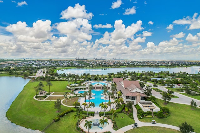 birds eye view of property featuring a water view